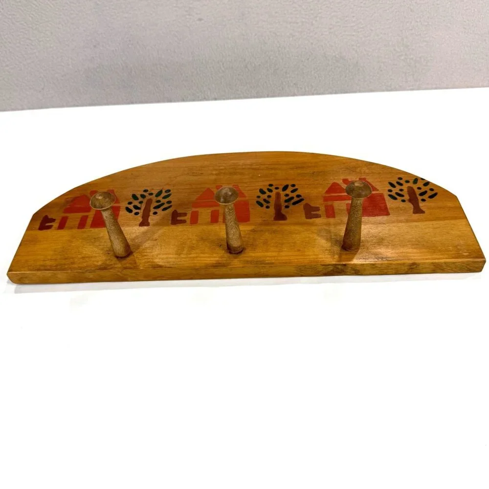 Vintage Country Folk Art Wooden Wall Rack 3 Peg House Tree Stencil Farmhouse